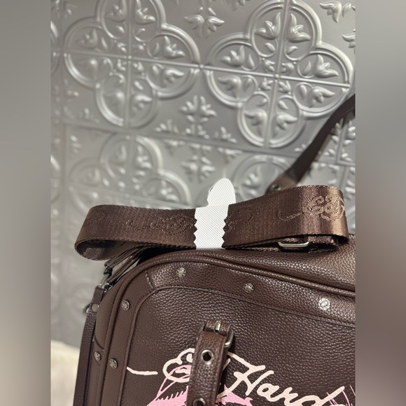 Ed Hardy nwt brown pink skull faux leather large tote weekender bag purse biker - Picture 4 of 10